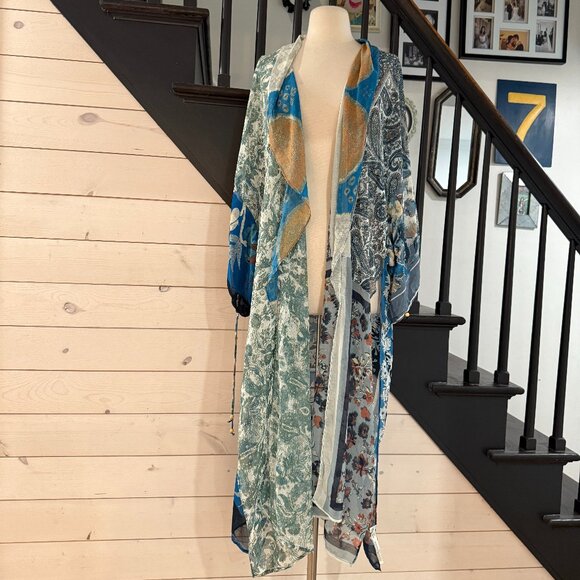 Free People Kimono Keeping Up With Indigo Mixed Print Sheer Lightweight One Size - Picture 4 of 8